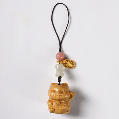 Buddhist Blessing Small Leaf Red Sandalwood Green Sandalwood Sandalwood Lucky Cat Protection Key Chain Phone Hanging Decoration
