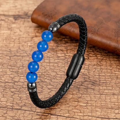 Buddhist Blessing Blue Agate Tiger Eye Lava Rock Black Onyx Lazurite Bead Protection Leather Bracelet