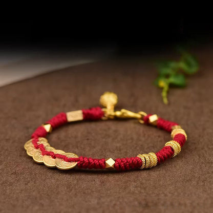 Buddhist Blessing Handmade Five Emperor Coins Wealth String Braided Bracelet