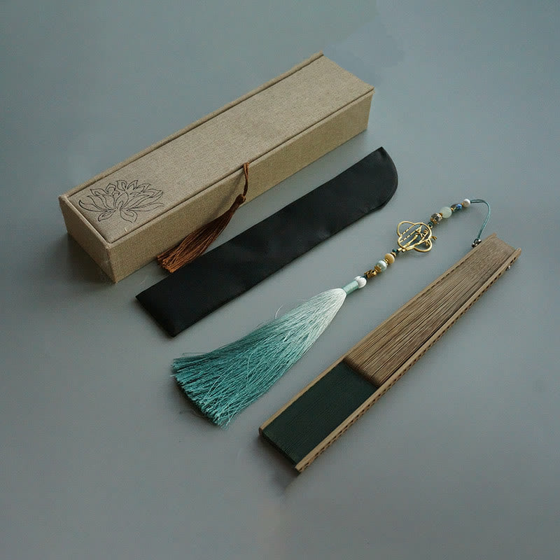 Buddhist Blessing Dark Green Tassel Hollow Rib Silk Handheld Bamboo Folding Fan