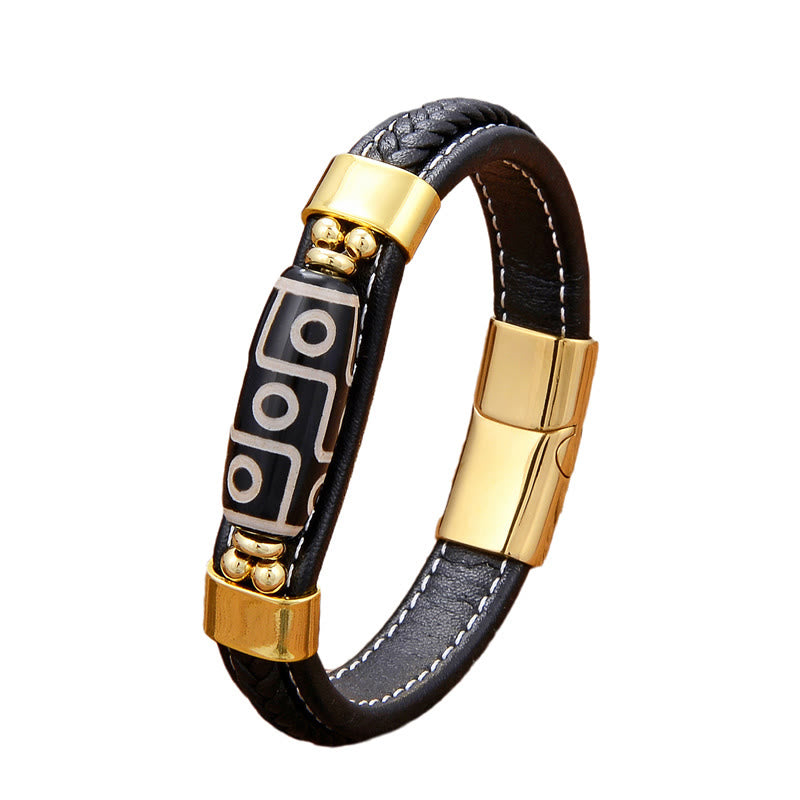 Buddhist Blessing Tibetan Nine-Eye Dzi Bead Wealth Leather Buckle Bracelet