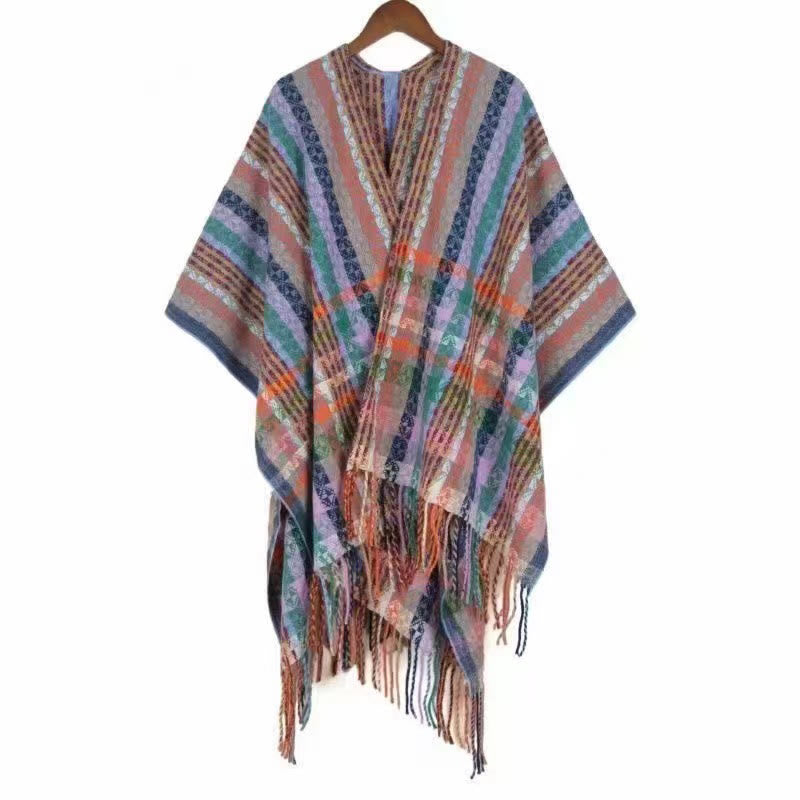 Buddhist Blessing Tibetan Colorful Stripe Geometry Tassels Shawl Fall Winter Soft Scarf Wrap