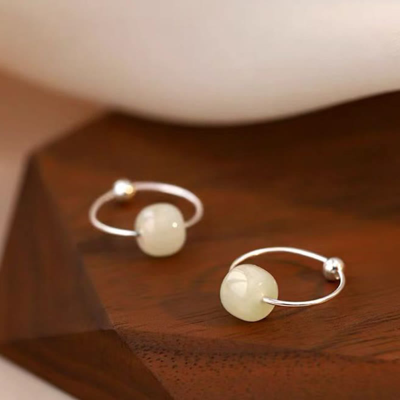 Buddhist Blessing 925 Sterling Silver Hetian Jade Bead Luck Earrings