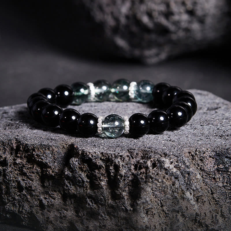 Buddhist Blessing 925 Sterling Silver Black Obsidian Green Phantom Strength Bracelet