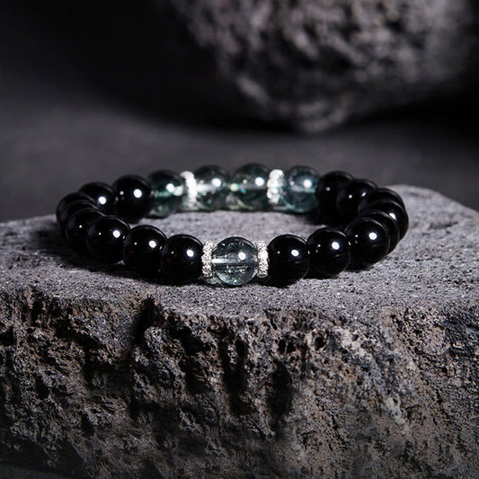 Buddhist Blessing 925 Sterling Silver Black Obsidian Green Phantom Strength Bracelet