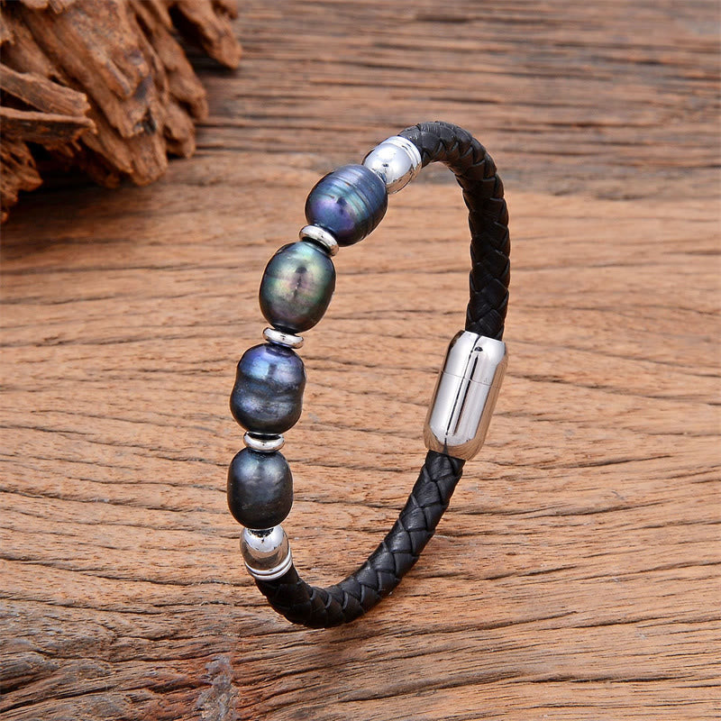 Buddhist Blessing Handmade Irregular Shaped Pearls Healing Leather Titanium Steel Buckle Bracelet