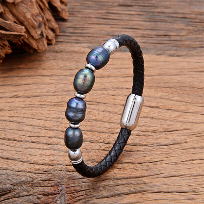 Buddhist Blessing Handmade Irregular Shaped Pearls Healing Leather Titanium Steel Buckle Bracelet