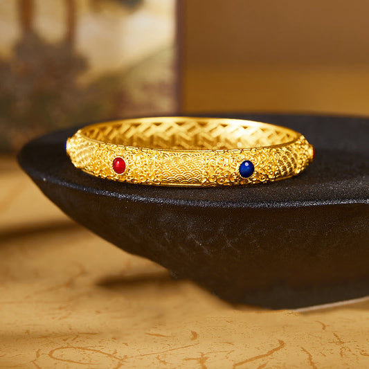 Buddhist Blessing 925 Sterling Silver Golden Auspicious Clouds Hollow Design Protection Bracelet Bangle 2.20 IN (56 MM)