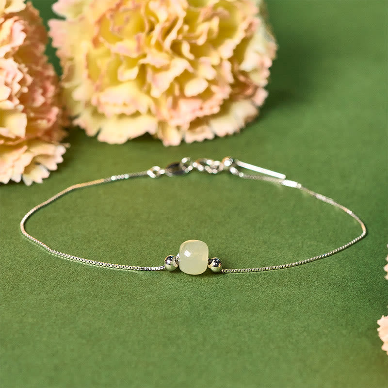 Buddhist Blessing 925 Sterling Silver Natural Jade Bead Abundance Chain Bracelet