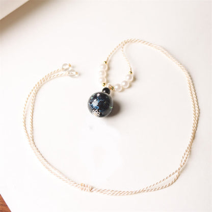Buddhist Blessing Ebony Wood Aurora Lacquer Craft Bead Pearl Balance Necklace Pendant