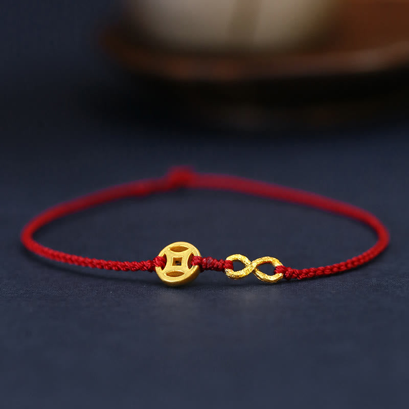 Buddhist Blessing 999 Gold Mobius Infinite Love Fu Character Copper Coin Protection Handmade Ultra-Thin Rope Bracelet