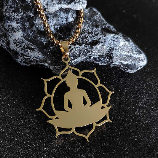 Buddhist Blessing Vintage Lotus Sitting Buddha Design Stainless Steel Enlightenment Necklace Pendant
