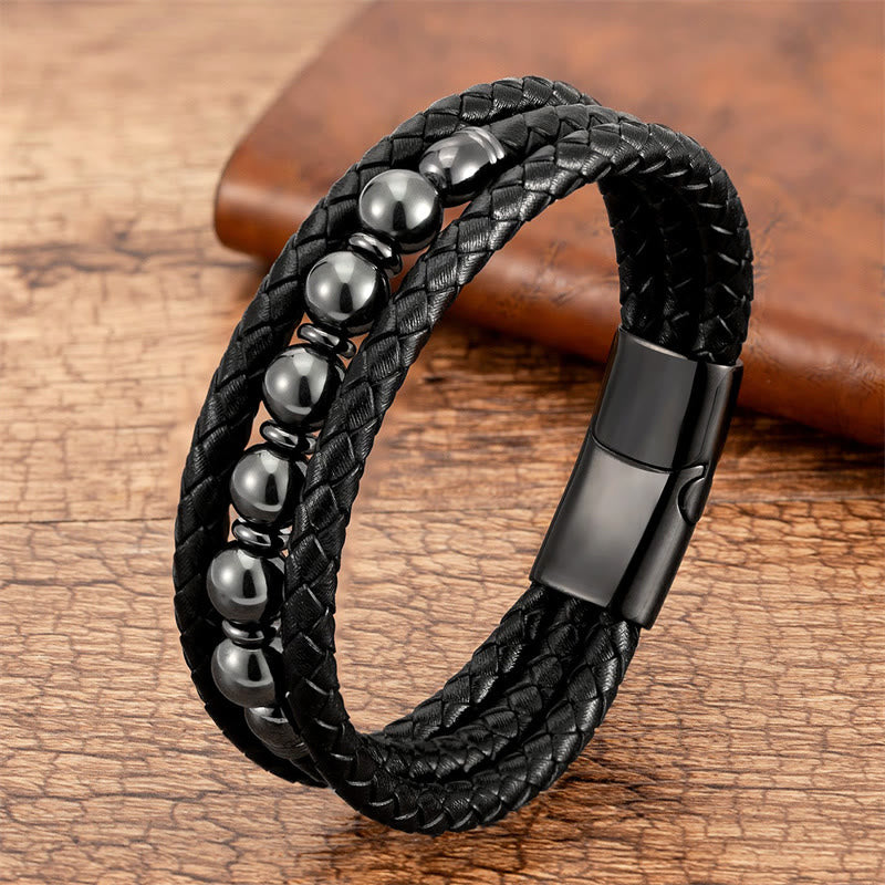 Buddhist Blessing Tiger Eye Lava Rock Hematite Black Onyx Bead Positive Leather Bracelet
