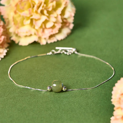 Buddhist Blessing 925 Sterling Silver Natural Jade Bead Abundance Chain Bracelet