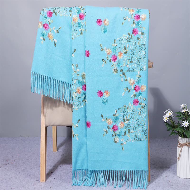Buddhist Blessing Rayon Fabric Shawl Colorful Small Flowers Embroidery Tassel Winter Cozy Travel Scarf Wrap