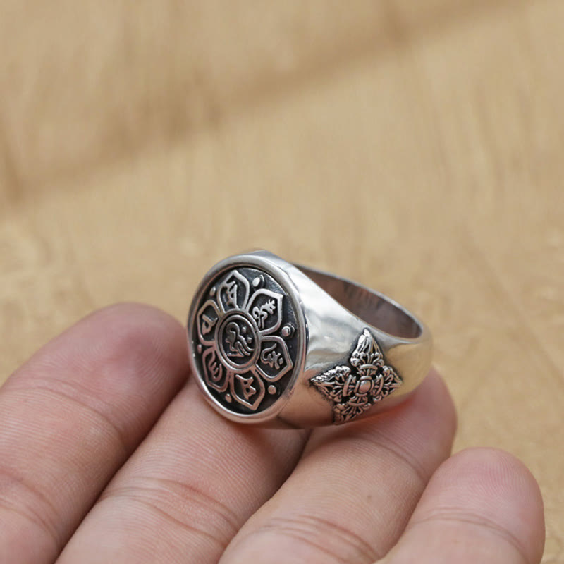 Buddhist Blessing Tibetan Om Mani Padme Hum Vajra Pattern Copper Focus Rotatable Ring