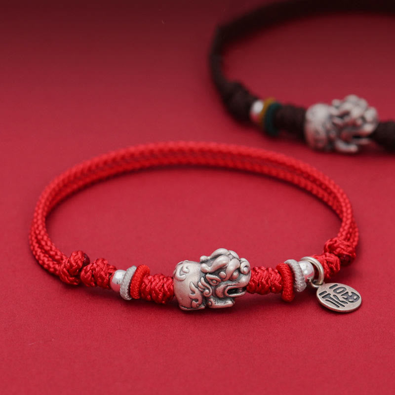Buddhist Blessing 925 Sterling Silver PiXiu Fu Character Wealth Luck Handmade Braided Bracelet
