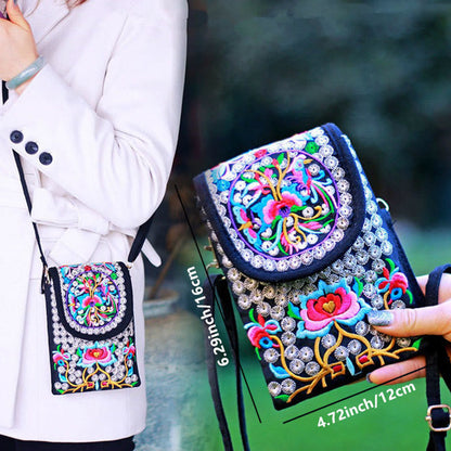 Buddhist Blessing Inula Flower Rose Embroidery Canvas Backpack Crossbody Bag