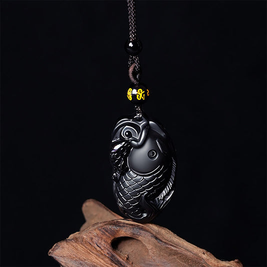 Buddhist Blessing Natural Black Obsidian Amphioxus Strength Necklace Pendant