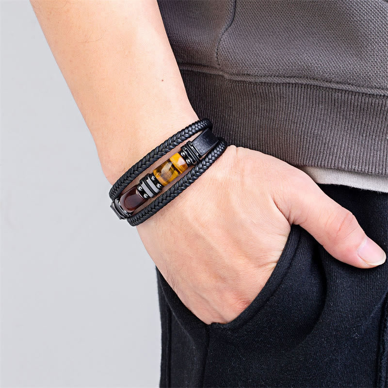 Buddhist Blessing Tiger Eye Stone Courage Willpower Multi-layer Leather Bracelet