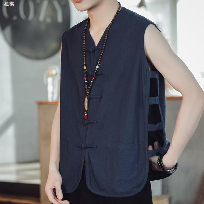 Buddhist Blessing Casual Chinese Frog-Button Men's Cotton Vest Waistcoat With Pockets