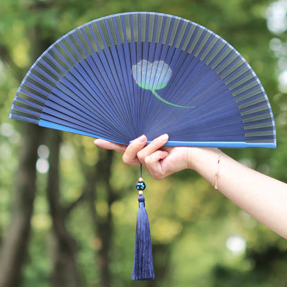 Buddhist Blessing Peony Flowers Silk Handheld Bamboo Folding Fan