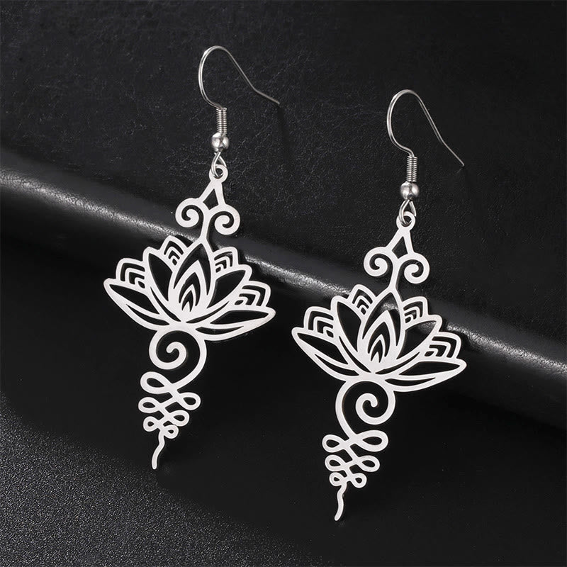 Buddhist Blessing Hollow Lotus Flower Stainless Steel Enlightenment Metal Drop Earrings