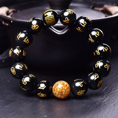 Buddhist Blessing Six True Words Om Mani Padme Hum Rainbow Obsidian Gold Foil Creativity Bracelet