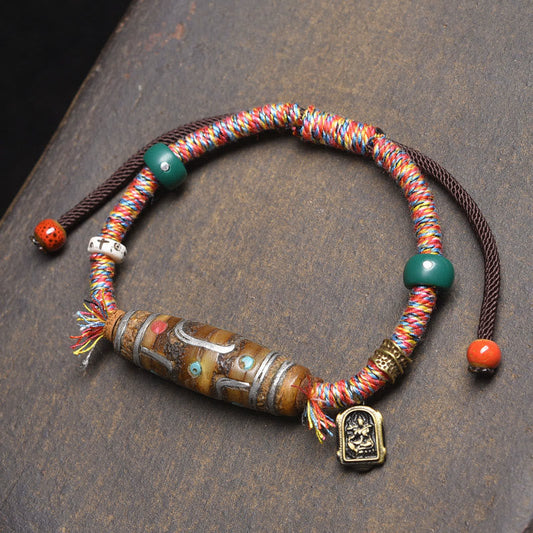 Buddhist Blessing Handcrafted Tibetan Nine-eye Dzi Bead Protection Rope Bracelet