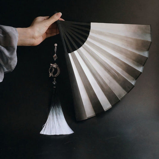 Buddhist Blessing Black White Ink Gradient Rice Paper Handheld Bamboo Folding Fan