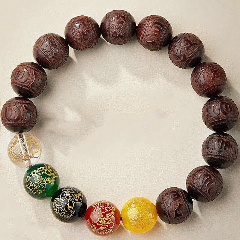 Buddhist Blessing Small Leaf Red Sandalwood Five Directions Gods of Wealth Calm Bracelet