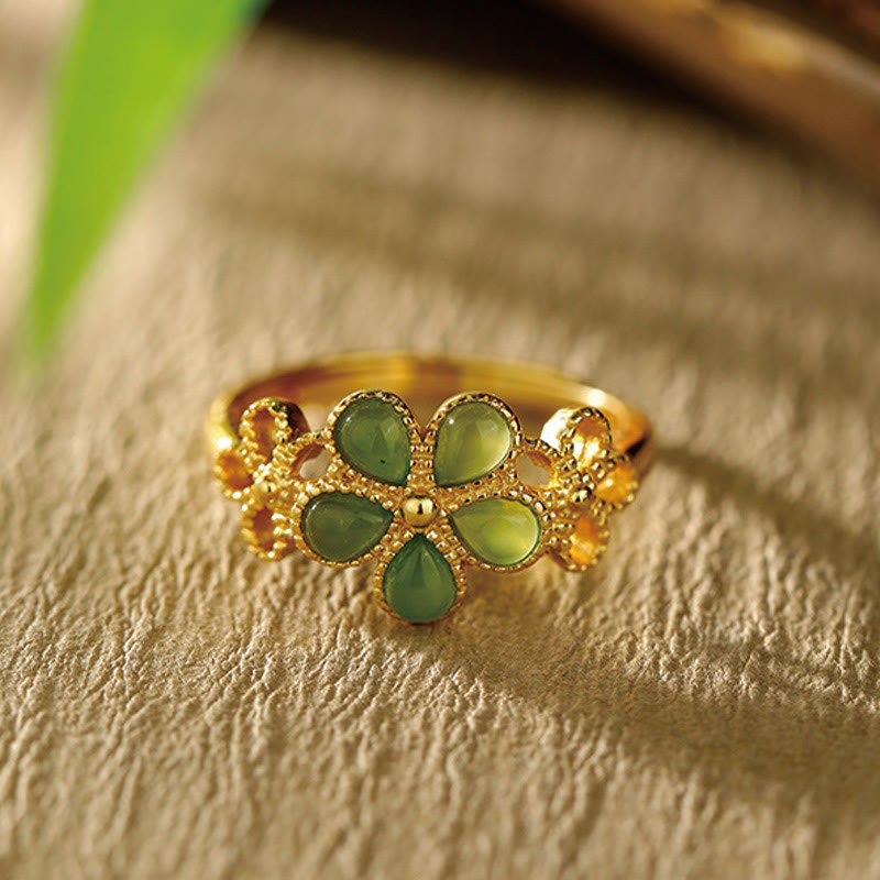 Buddhist Blessing Natural Hetian Jade 925 Sterling Silver Plated Gold Flower Adjustable Prosperity Ring
