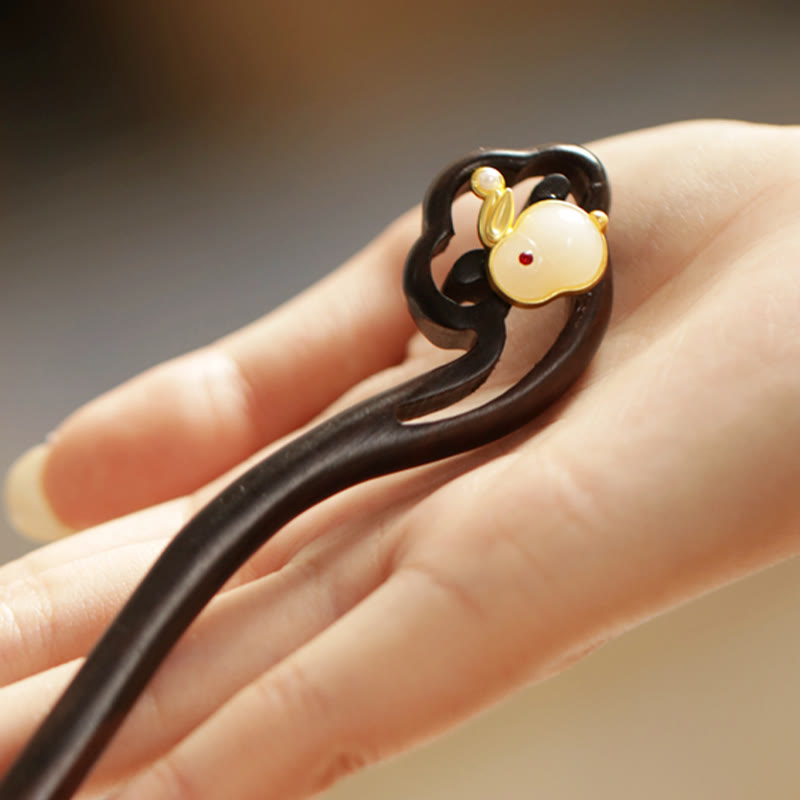 Buddhist Blessing Auspicious Cloud Sandalwood Rabbit Protection Hairpin