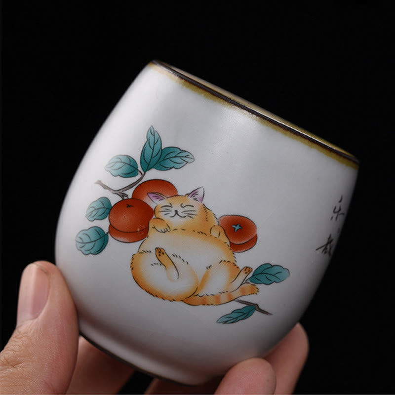 Buddhist Blessing Cute Lying Cat Branches Teacup Kung Fu Tea Cup With Gift Box