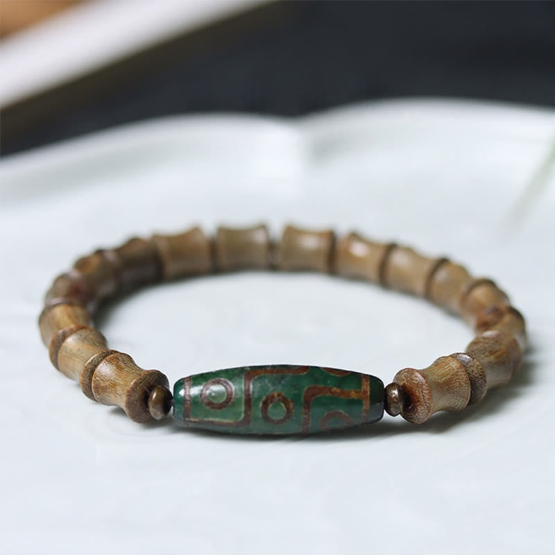 Buddhist Blessing Tibetan Nine-Eye Dzi Bead Green Sandalwood Peace Bracelet