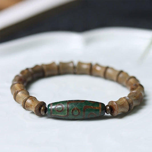 Buddhist Blessing Tibetan Nine-Eye Dzi Bead Green Sandalwood Peace Bracelet