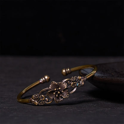Buddhist Blessing Flowers Leaves Copper Brass Luck Healing Cuff Bracelet Bangle