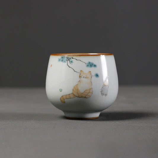 Buddhist Blessing Cute Cat Branches Teacup Kung Fu Tea Cup With Gift Box