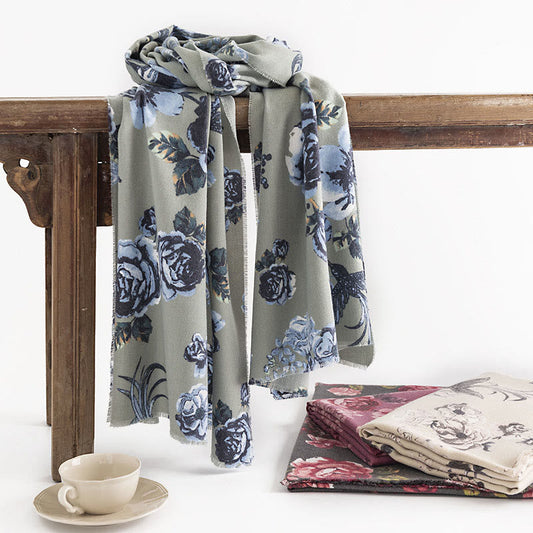 Buddhist Blessing Tibetan Shawl Garden Style Rose Flower Print Fall Winter Soft Warm Scarf Wrap