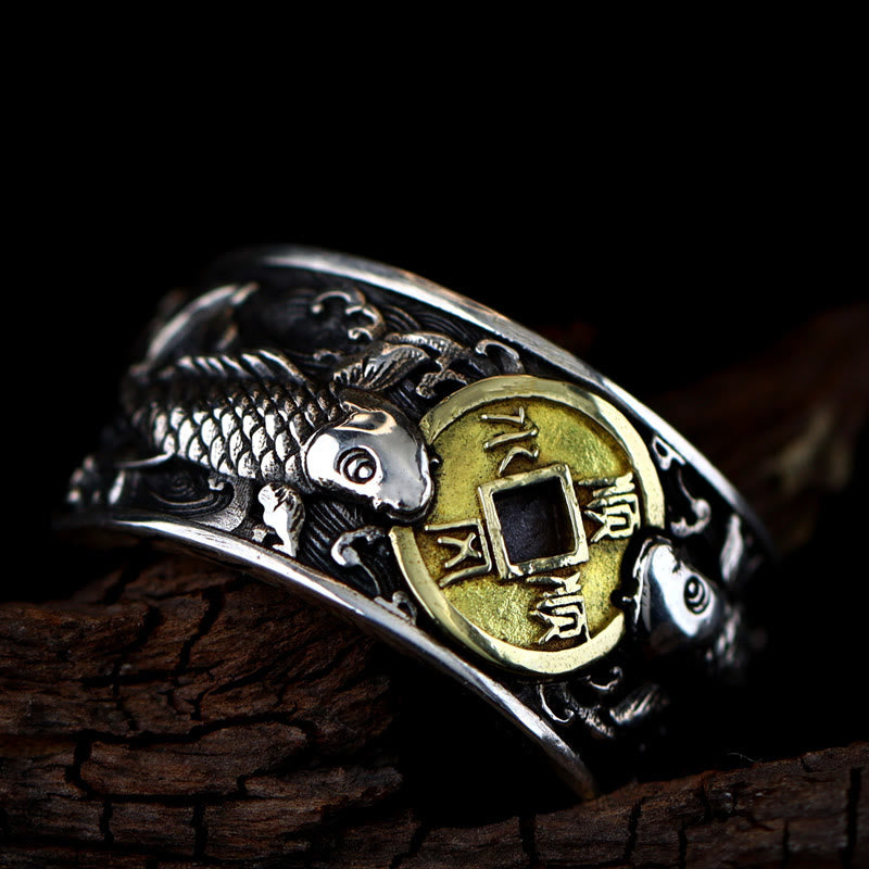 Buddhist Blessing Adjustable Opening 925 Sterling Silver Lucky Koi Fish Copper Coin Auspicious Clouds Wealth Ring