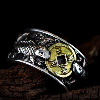Buddhist Blessing Adjustable Opening 925 Sterling Silver Lucky Koi Fish Copper Coin Auspicious Clouds Wealth Ring