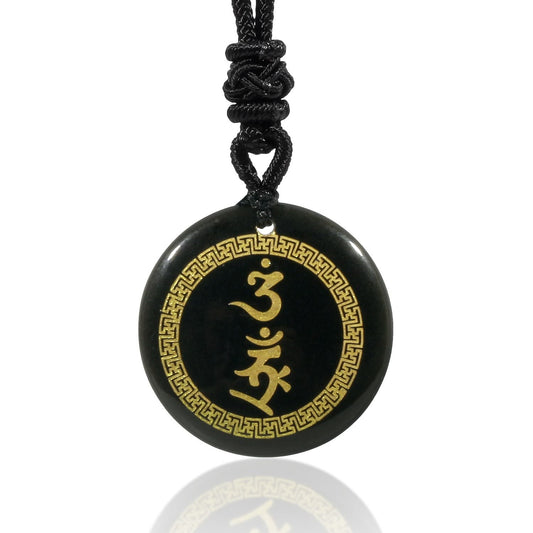 Buddhist Blessing Surrounding Swastika Pattern Vajra Protection Mantra Natural Various Crystal Black Obsidian Fulfilment Necklace Pendant