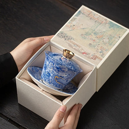 Buddhist Blessing Thangka Dragon Buddhas Dunhuang Ceramic Gaiwan Sancai Kung Fu Tea Cup And Saucer With Lid Gift Box 180ml