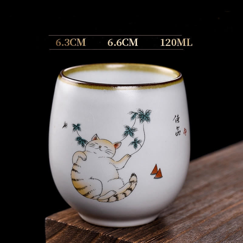 Buddhist Blessing Cute Lying Cat Branches Teacup Kung Fu Tea Cup With Gift Box