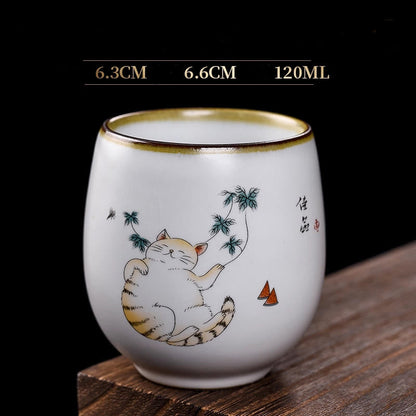 Buddhist Blessing Cute Lying Cat Branches Teacup Kung Fu Tea Cup With Gift Box