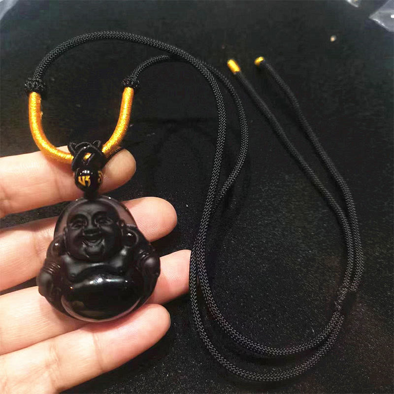 Buddhist Blessing Natural Black Obsidian Ice Obsidian Laughing Buddha Purification Necklace Pendant