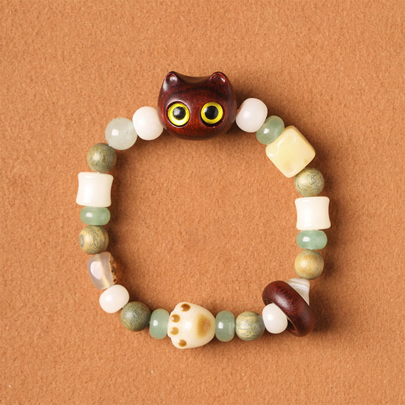 Buddhist Blessing Bodhi Seed Green Sandalwood Ebony Wood Small Leaf Red Sandalwood Cat Head Paw Claw Peace Bracelet