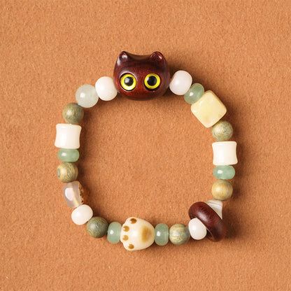 Buddhist Blessing Bodhi Seed Green Sandalwood Ebony Wood Small Leaf Red Sandalwood Cat Head Paw Claw Peace Bracelet