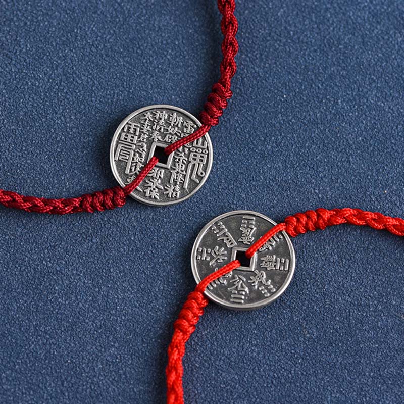 Buddhist Blessing 925 Sterling Silver Coin Protection Braided Bracelet Anklet