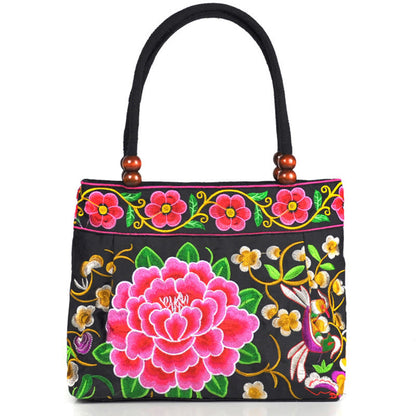 Buddhist Blessing Money Tree Peony Phoenix Apple Blossom Double-Sided Embroidery Cotton Canvas Shopping Purse Handbag